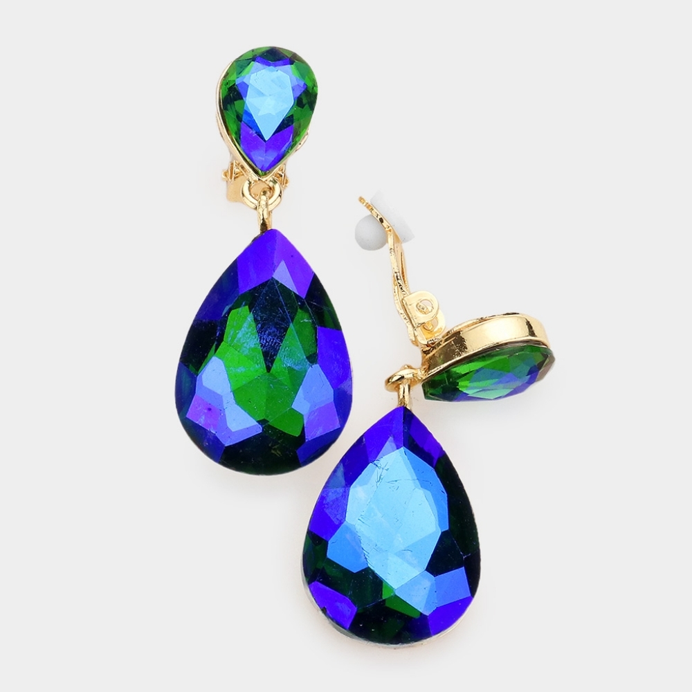 Abalone Dangle Crystal Clip On Earrings 1.75 Inch Teardrop Statement Jewelry